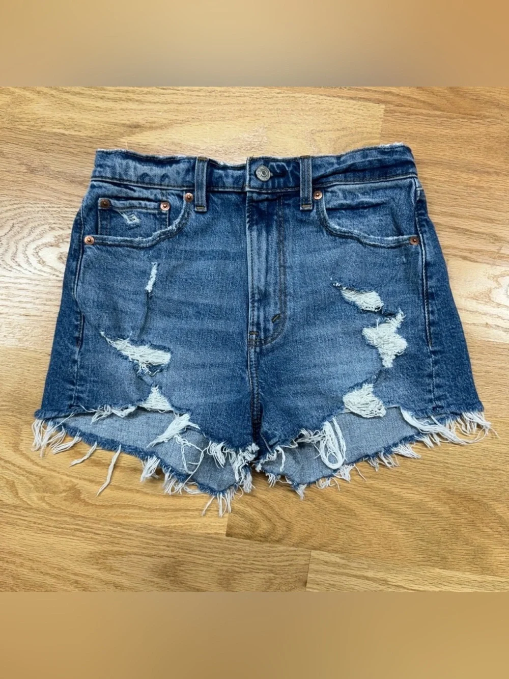 Abercrombie & Fitch “The Mom Short” High Rise Distressed Denim Shorts